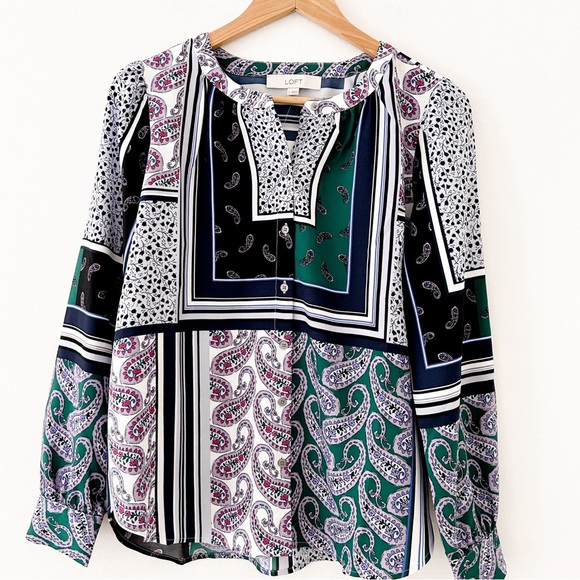 Loft Womens Satin Paisley Color Block Button Up Blouse - Picture 2 of 6